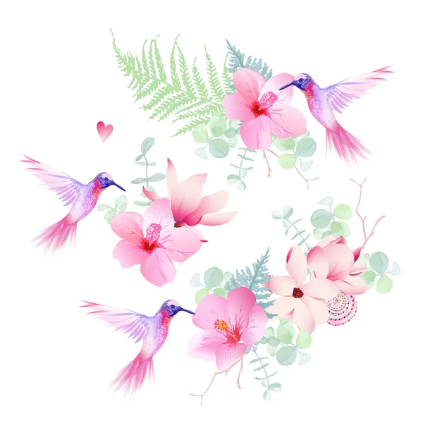 Delicadas flores tropicales con colibríes voladores diseño vectorial — Archivo Imágenes Vectoriales