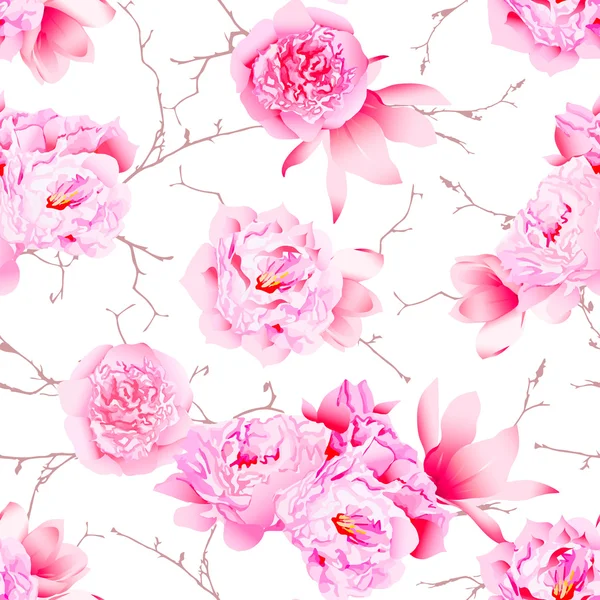 Delicate pioenrozen en camellia floral naadloze vector afdrukken — Stockvector
