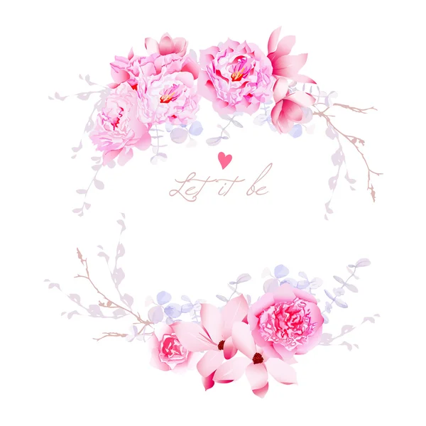 Spring magnolia and peonies vector frame. Gentle flowers wedding — Stock Vector