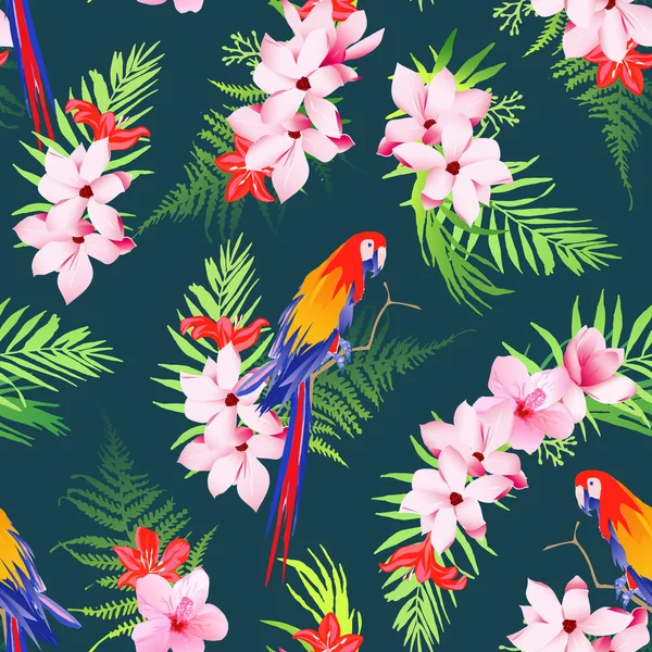 Perroquets exotiques et fleurs tropicales motif vectoriel sans couture — Image vectorielle
