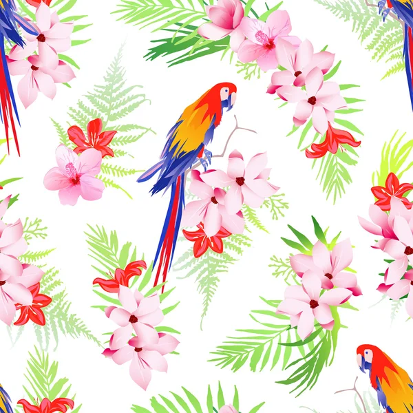 Egzotik papağan ve sorunsuz vektör desen çiçekler