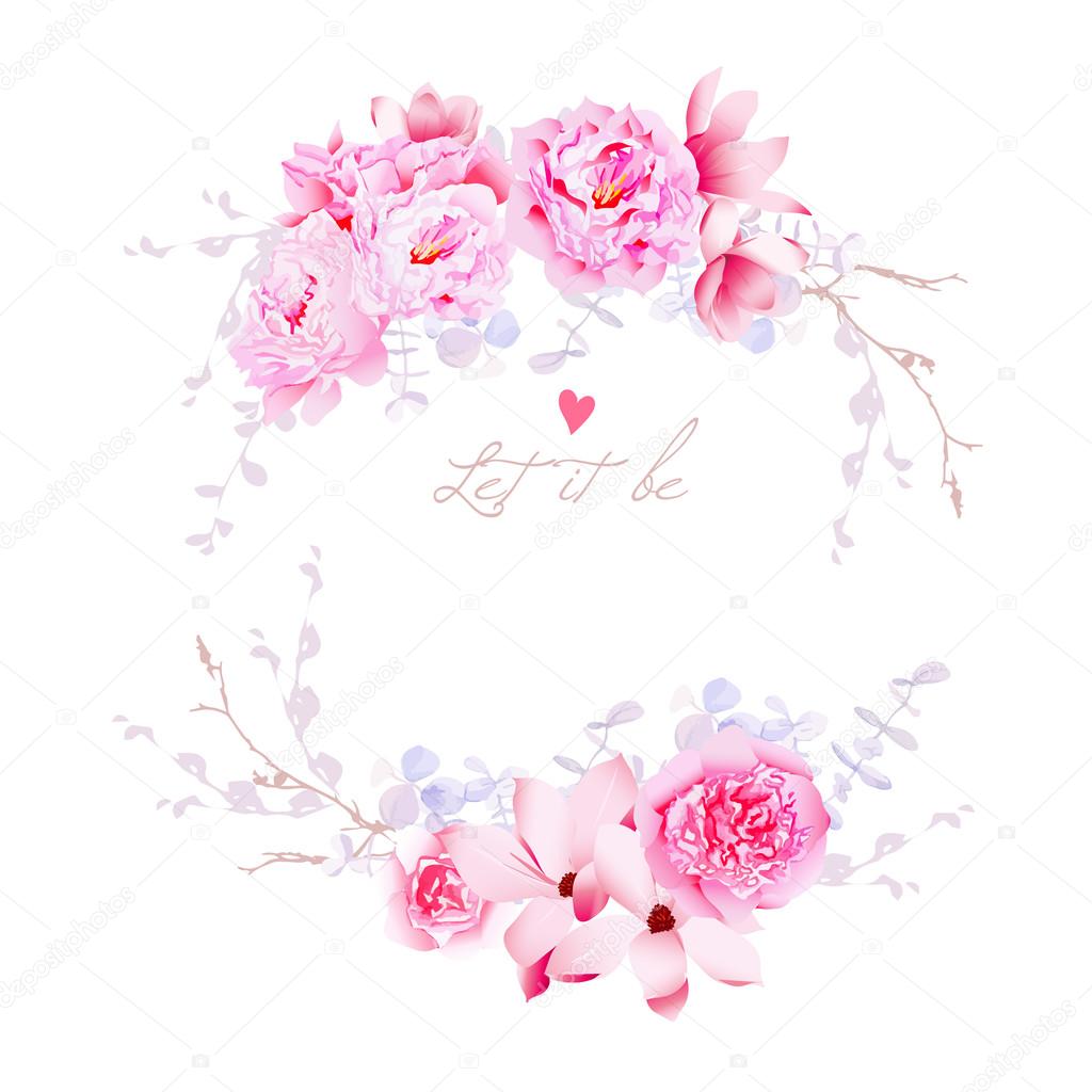 Spring magnolia and peonies vector frame. Gentle flowers wedding