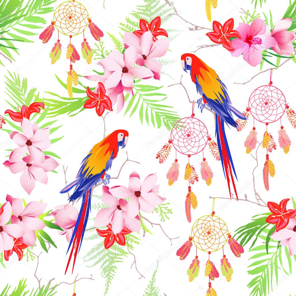 Tropical forest parrots and dreamcatchers seamless vector print