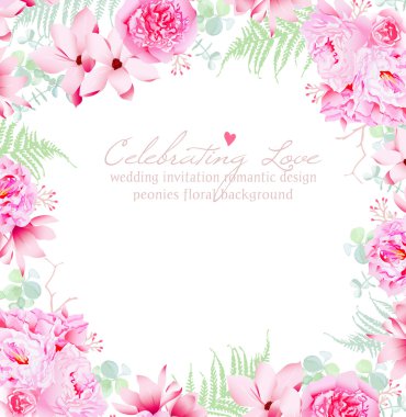 Lüks peonies ve Kamelya vektör çerçeve