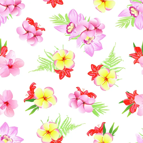 Exotiska plumeria, frangipani, orkidé sömlös vektor print — Stock vektor