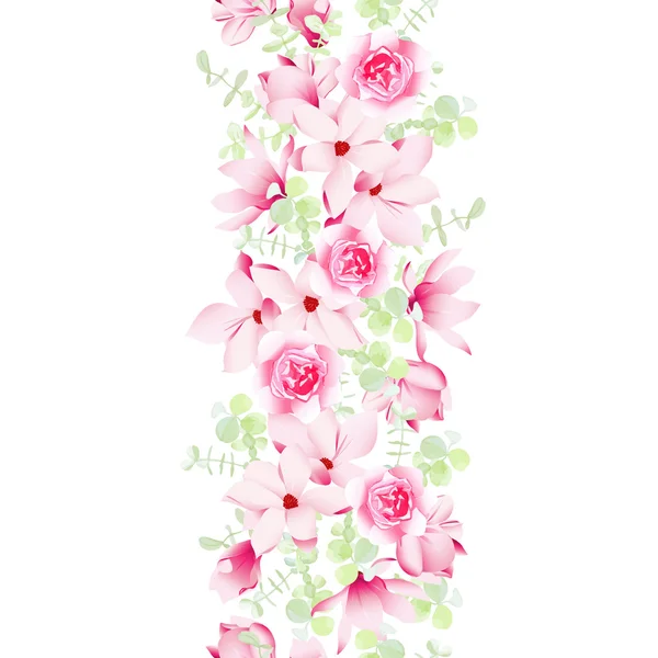 Perayaan karangan bunga dengan magnolia dan mawar vektor lin mulus - Stok Vektor