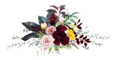 Karanlık huysuz tonlar vektör tasarım buketi. Kahverengi iris, tozlu pembe ve allık güller, bordo kırmızısı şakayık, anturyum, tropikal bitkiler ve yapraklar, yeşillik. Tüm elementler izole ve beyazda düzenlenebilir..