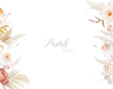 Beige and blush trendy vector design frame. Pastel pampas grass, fern, dusty pink rose, dahlia, dried plants, palm leaves, wildflowers. Wedding floral boho card. All elements are isolated and editable