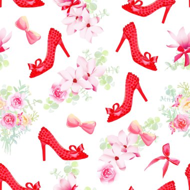 Çiçek buketleri sorunsuz vektör bilmece ile kadın moda ayakkabı