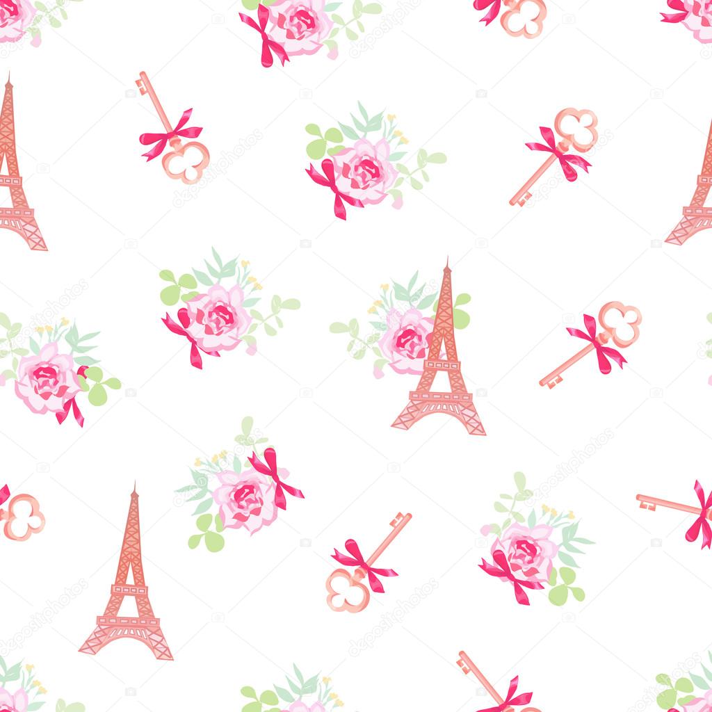 Cute Eiffel towers and keys floral seamless vector pattern