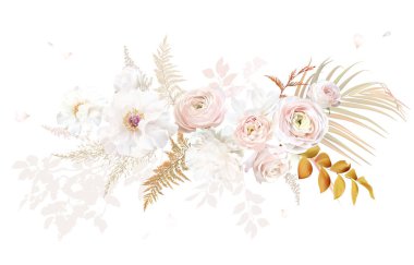 Altın, kızarık, turuncu, bej, beyaz gül, şakayık, manolya, pembe ranunculus çiçekleri, otlar, eğreltiotu, kurumuş palmiye yaprakları vektör demeti. Çıplak ve fildişi. Elementler izole ve düzenlenebilir.