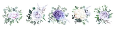 Pembe menekşe, mor gül, tozlu leylak ve leylak rengi ortanca, ranunculus, bej şakayık, çan çiçeği, okaliptüs vektör desenli buketler. Şık düğün çiçekleri. Elementler izole ve düzenlenebilir.