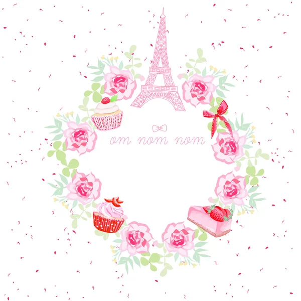 Flores, cupcakes, torre Eiffel y arco vector diseño marco — Archivo Imágenes Vectoriales