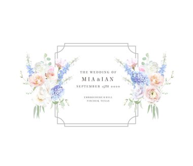 Bridgerton Pastel Çiçek Vektör Tasarımı 'na ilham verdi. Mavi Delphinium, beyaz şakayık, mor sümbül, pembe gül, ranunculus, yeşillik ve bitkiler. Tüm çiçekler ve dallar soyutlanmış ve taşınabilir..