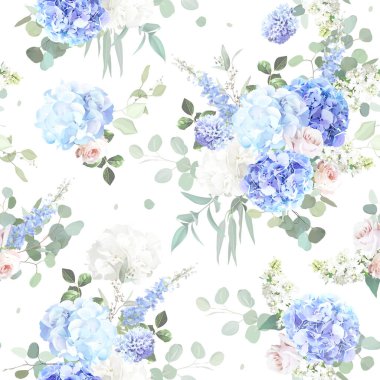 Bridgerton Pastel Çiçek Vektör Tasarım Şablonu 'na ilham verdi. Mavi dezenyum, beyaz şakayık, pembe gül, manolya, sümbül, ortanca, yeşillik ve bitkiler. Tüm çiçekler ve dallar soyutlanmış ve taşınabilir..