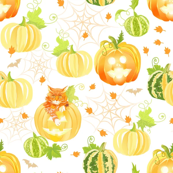Dekoracyjne dynie Halloween, pajęczyn, seamle koty i nietoperze — Wektor stockowy