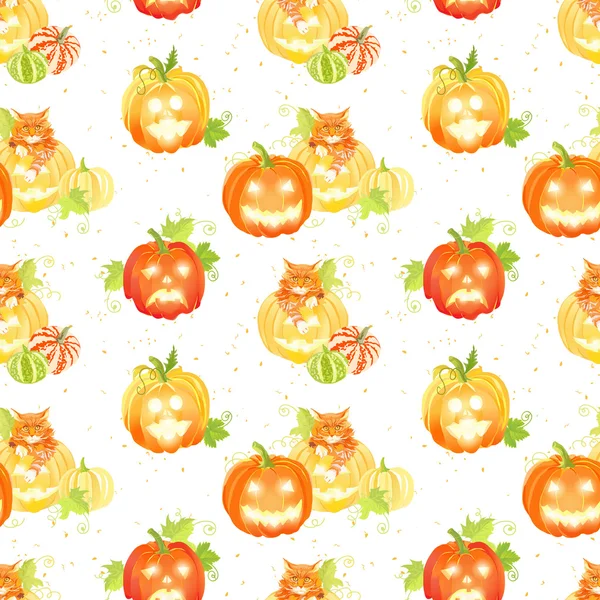 Cheerful Halloween pumpkins and cats seamless vector print — Stock Vector
