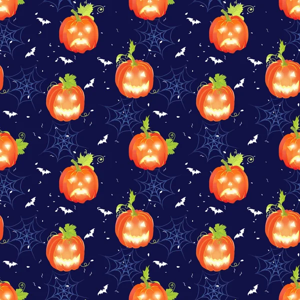 Modello vettoriale senza cuciture di Halloween con zucche, pipistrelli e ragno — Vettoriale Stock