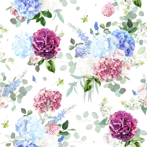 Yeşillik ortanca pastel çiçek vektör tasarımı deseni. Mavi dezenyum, beyaz şakayık, pembe gül, sümbül, renkli ortanca, leylak, yeşillik ve bitkiler. Tüm çiçekler ve dallar soyutlanmış ve taşınabilir.