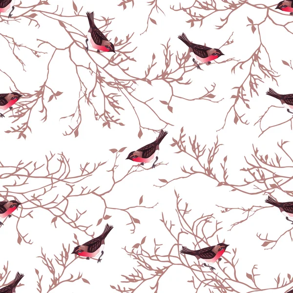 Bullfinches y ramas de árboles sin costura impresión vectorial — Vector de stock