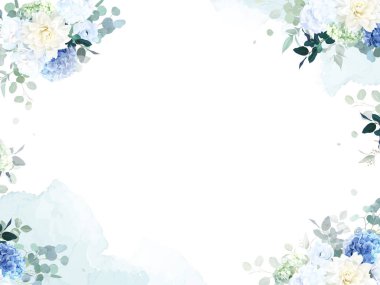 Tozlu mavi gül, beyaz ortanca, manolya, yeşillik, bej yıldız çiçeği, mavi sümbül tasarım iskeleti. Düğün mevsimlik çiçek kartı. Çiçekli suluboya kompozisyon. İzole ve düzenlenebilir