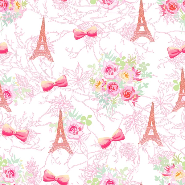 Delicate Eiffel towers and bouquets seamless vector print
