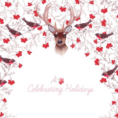 Ren geyiği, rowanberry, bullfinches ve ağaç dalları vektör yuvarlak