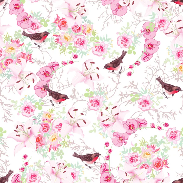 Barock floral buketter med domherrar sömlös vector skriva ut — Stock vektor