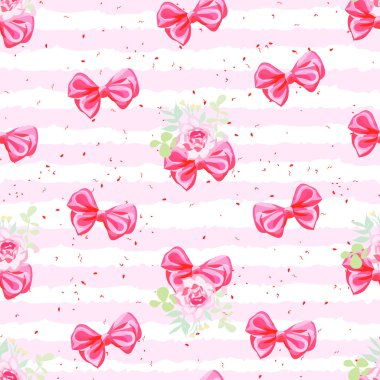 Çizgili pembe sorunsuz vektör desen saten ok ve gül fl