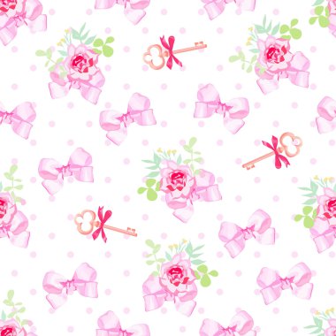 Romantik vektör şirin saten yay, gül çiçek ile sorunsuz Yazdır