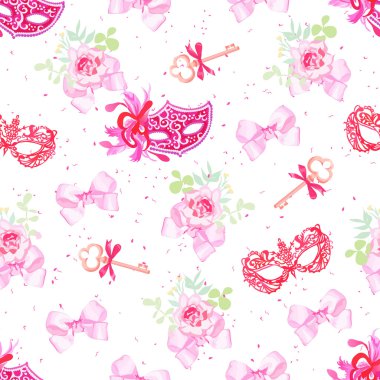 Parlak karnaval maskeleri, vintage anahtarları ve küçük çiçek buketleri wi