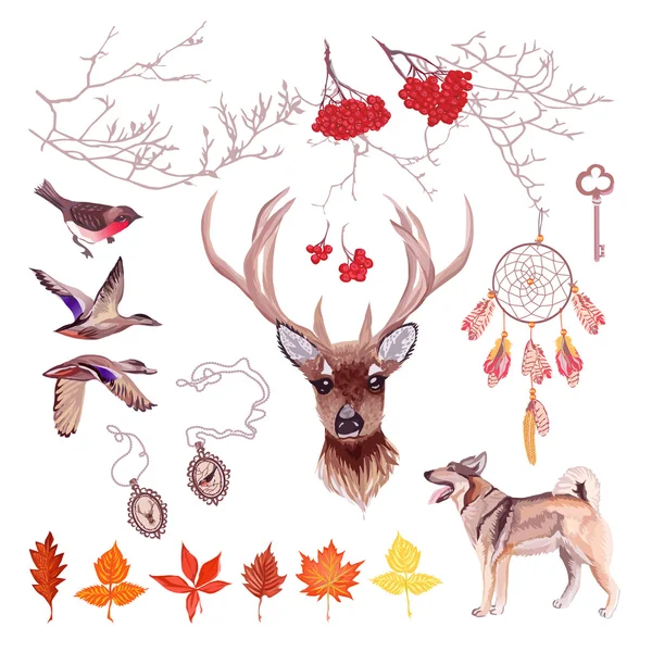 Conjunto de desenho vetorial de caça de outono. Todos os elementos isolados e editar — Vetor de Stock