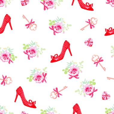 Moda topuklu ayakkabı ve çiçekler sorunsuz vektör yazdırma