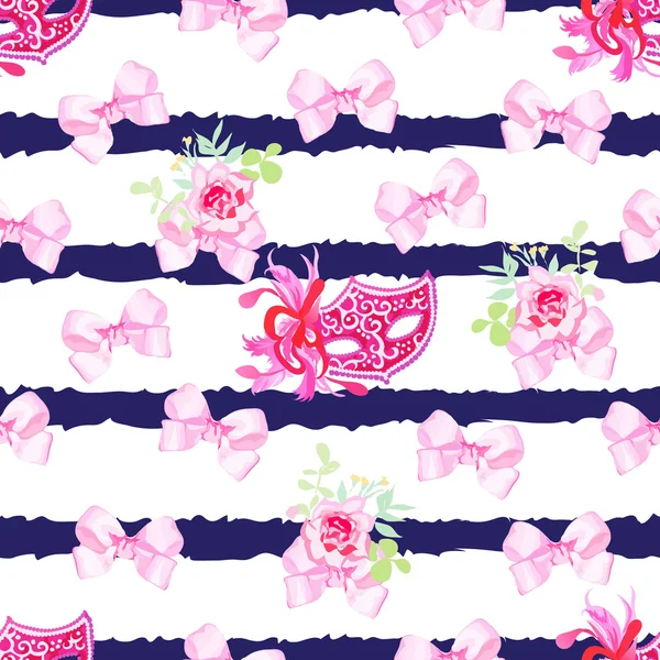 Impression vectorielle rayée marine sans couture avec nœuds en satin rose, rose fl — Image vectorielle