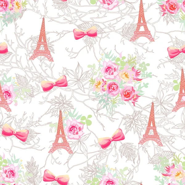 섬세 한 에펠 탑과 꽃다발 원활한 벡터 인쇄 — 스톡 벡터