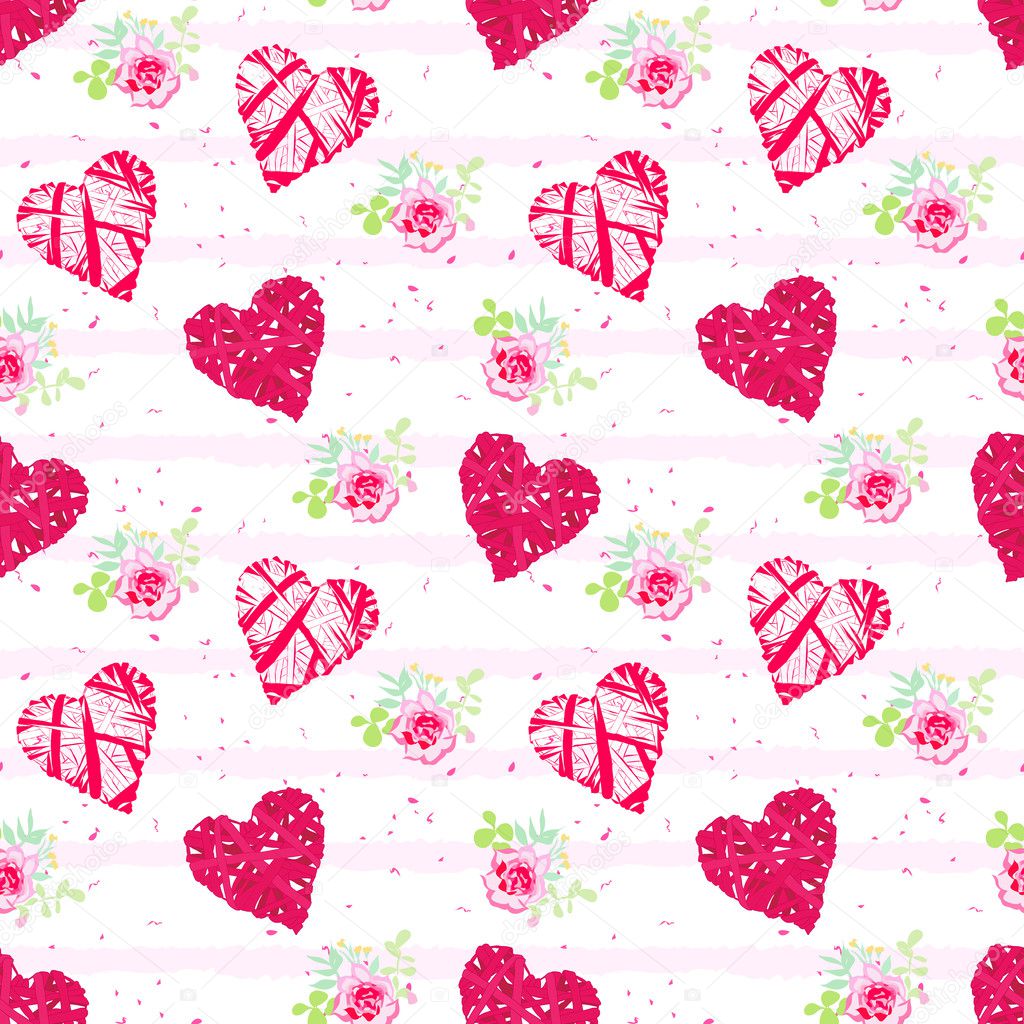 Wicker hearts and flowers of Valentines day celebration seamless