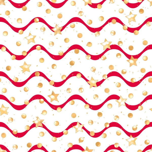 Shining golden glitters and ribbon waves seamless vector pattern — Stock Vector