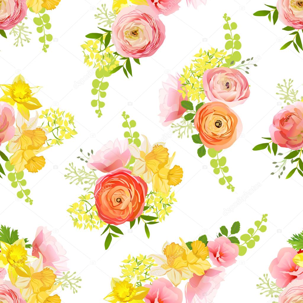 Spring bouquets of rose, ranunculus, narcissus seamless vector p