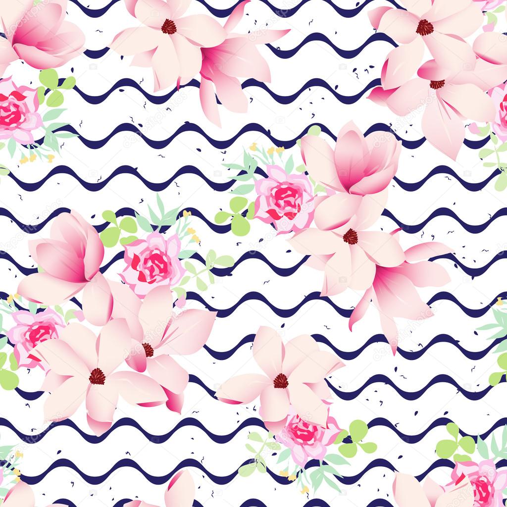Cute spring flowers and navy waves seamless vector print. Speckl