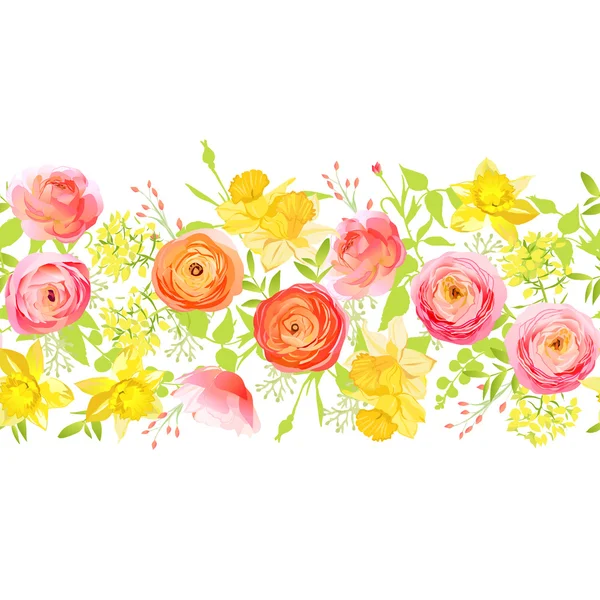 Rosas de primavera, ranúnculo, narciso vector sin costura horizontal b — Vector de stock