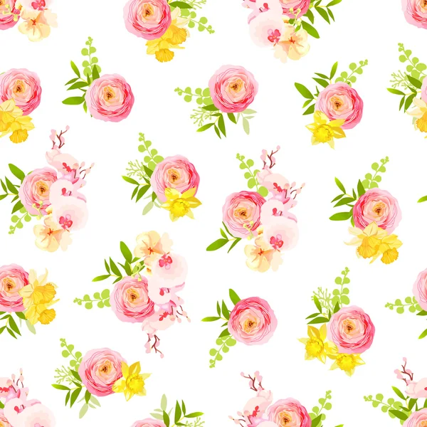 新鲜的春玫瑰、 花毛茛、 兰花和草本无缝矢量 — 图库矢量图片