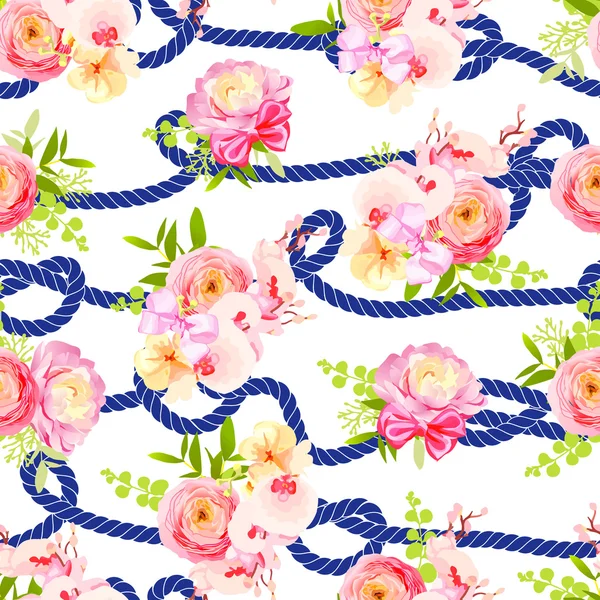 Cuerda retorcida azul marino y ramos de flores de primavera sin costuras — Vector de stock