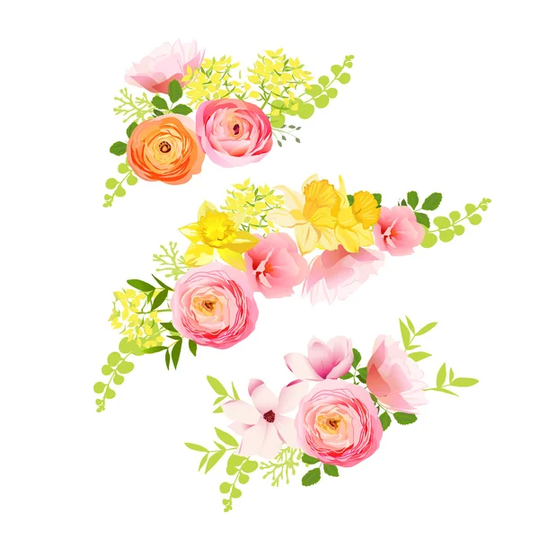 Bouquets de printemps ensoleillés de rose, ranunculus, narcisse, pivoine . — Image vectorielle