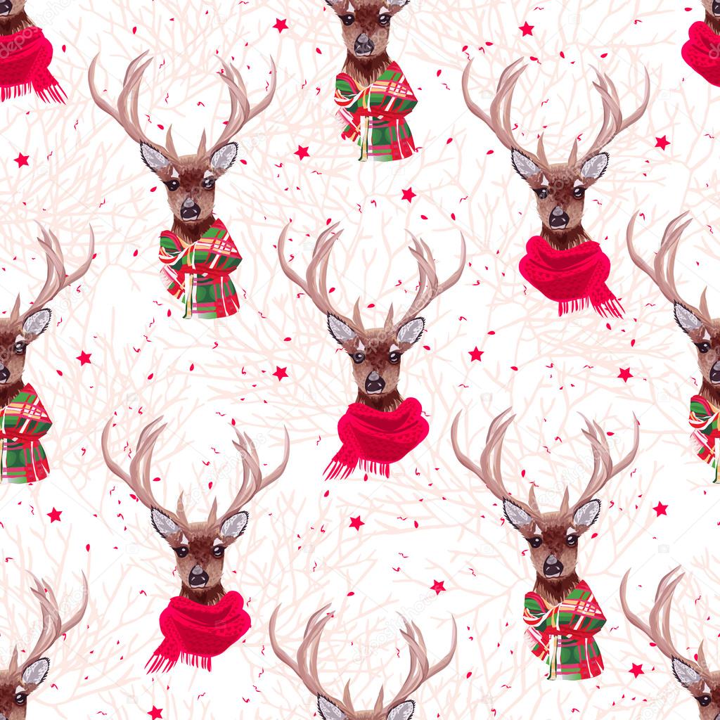 Cute deer wearing stylish winter scarves seamless vector print