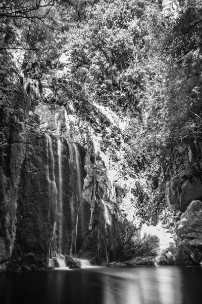 Kleiner Wasserfall in der Nähe eines Flusses in schwarz-weiß — Stockfoto
