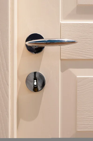 Modern, contemporary satin handle on a wooden door — Stock Photo, Image