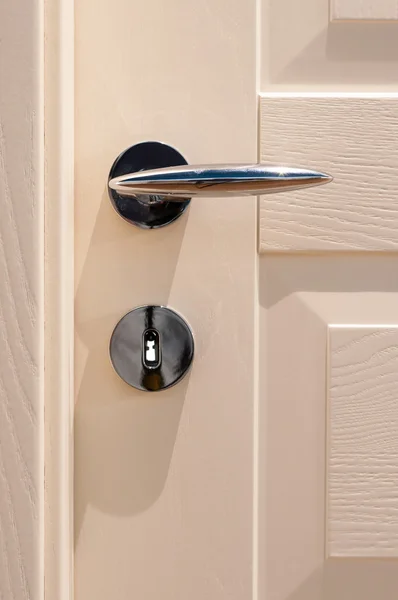 Modern, contemporary satin handle on a wooden door — Stock Photo, Image