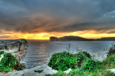 Manzara, sahil, Capo Caccia gün batımında