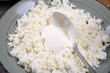 Beyaz bir arka plan üzerinde izole bir tabak içinde doğal peynir