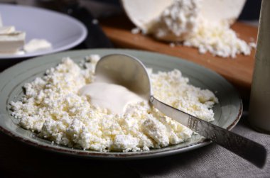 Beyaz bir arka plan üzerinde izole bir tabak içinde doğal peynir